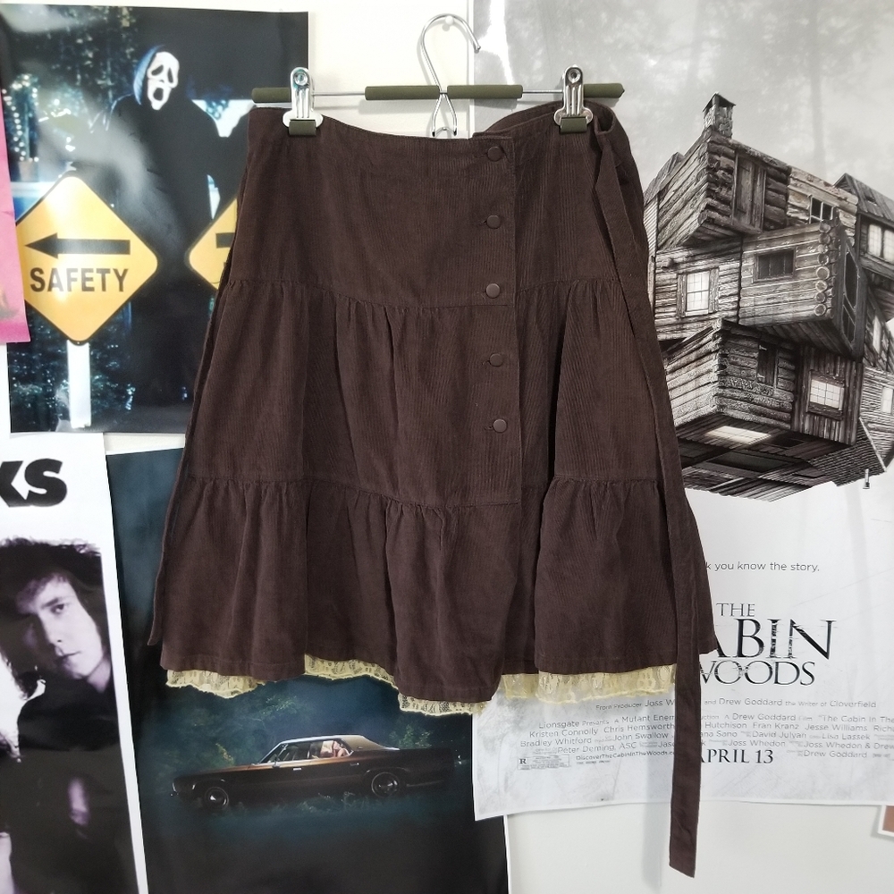 Brown Corduroy Midi Skirt W/ Lace Hem